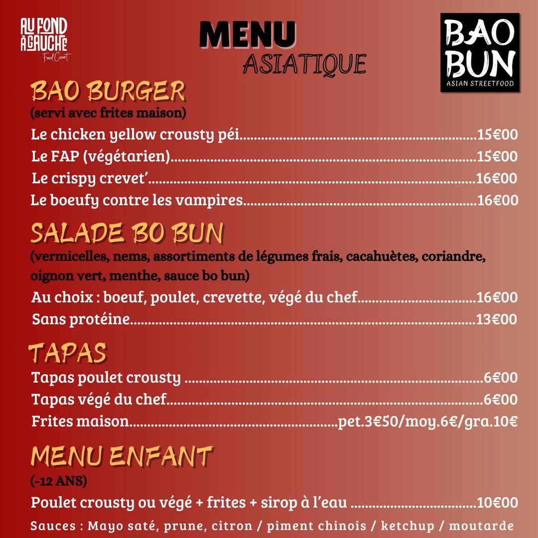 Carte du stand Bao Bun : bao burgers, salades bo bun, tapas et menu enfant