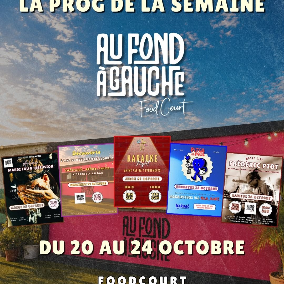 Affiche de la programmation du 20 au 24 octobre devant le mur rose du foodcourt